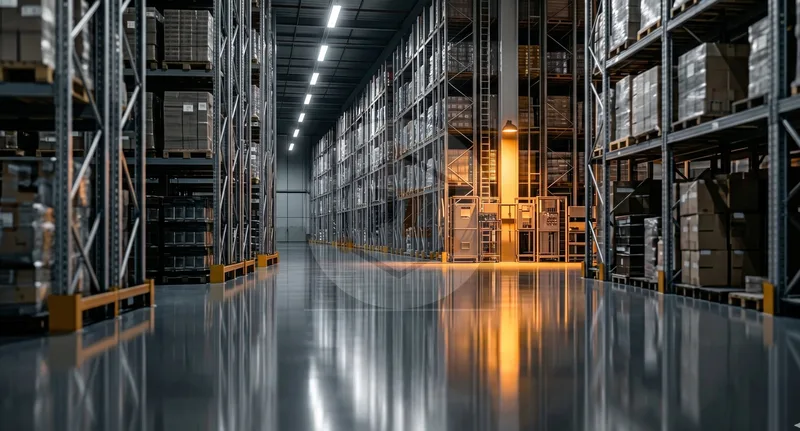 High-gloss epoxy warehouse flooring with racking - reference application